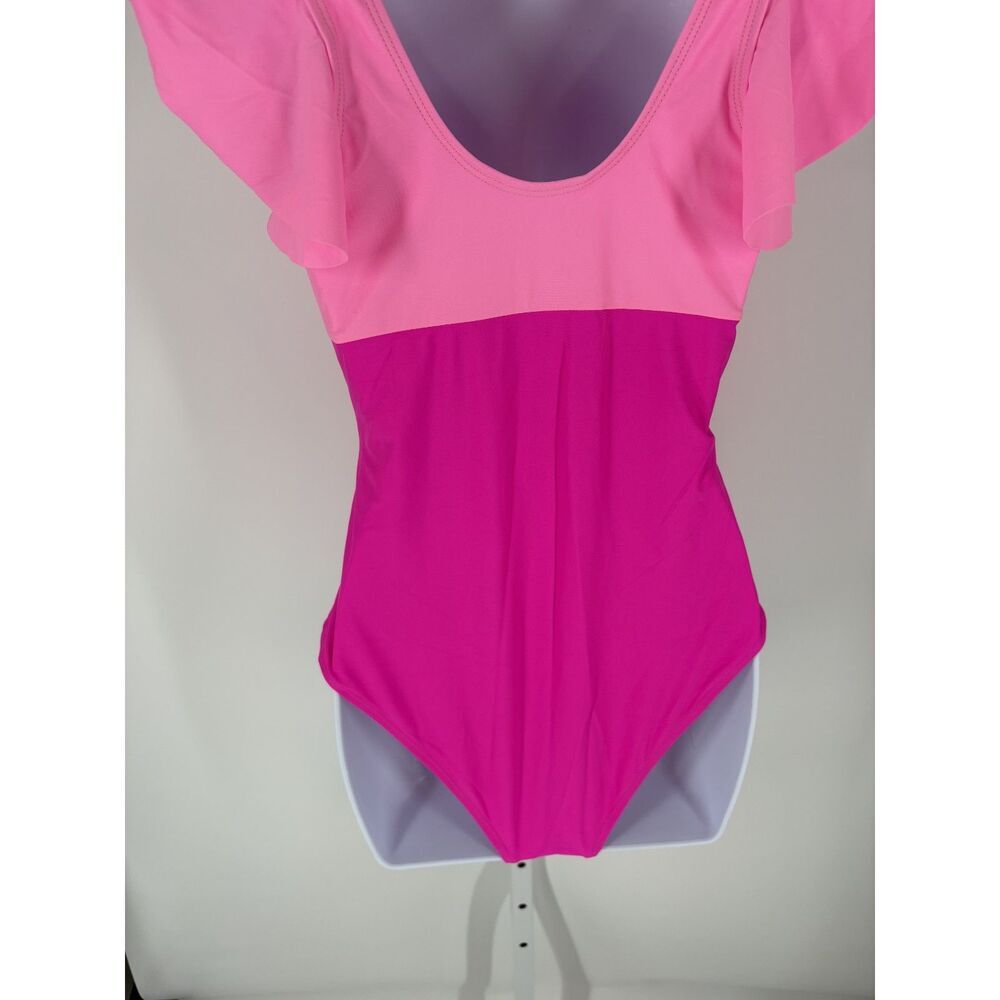 Pink Ombre One-Piece Swimsuit | Ruffle Sleeve V-Neck Cutout Monokini - Picture 5 of 8